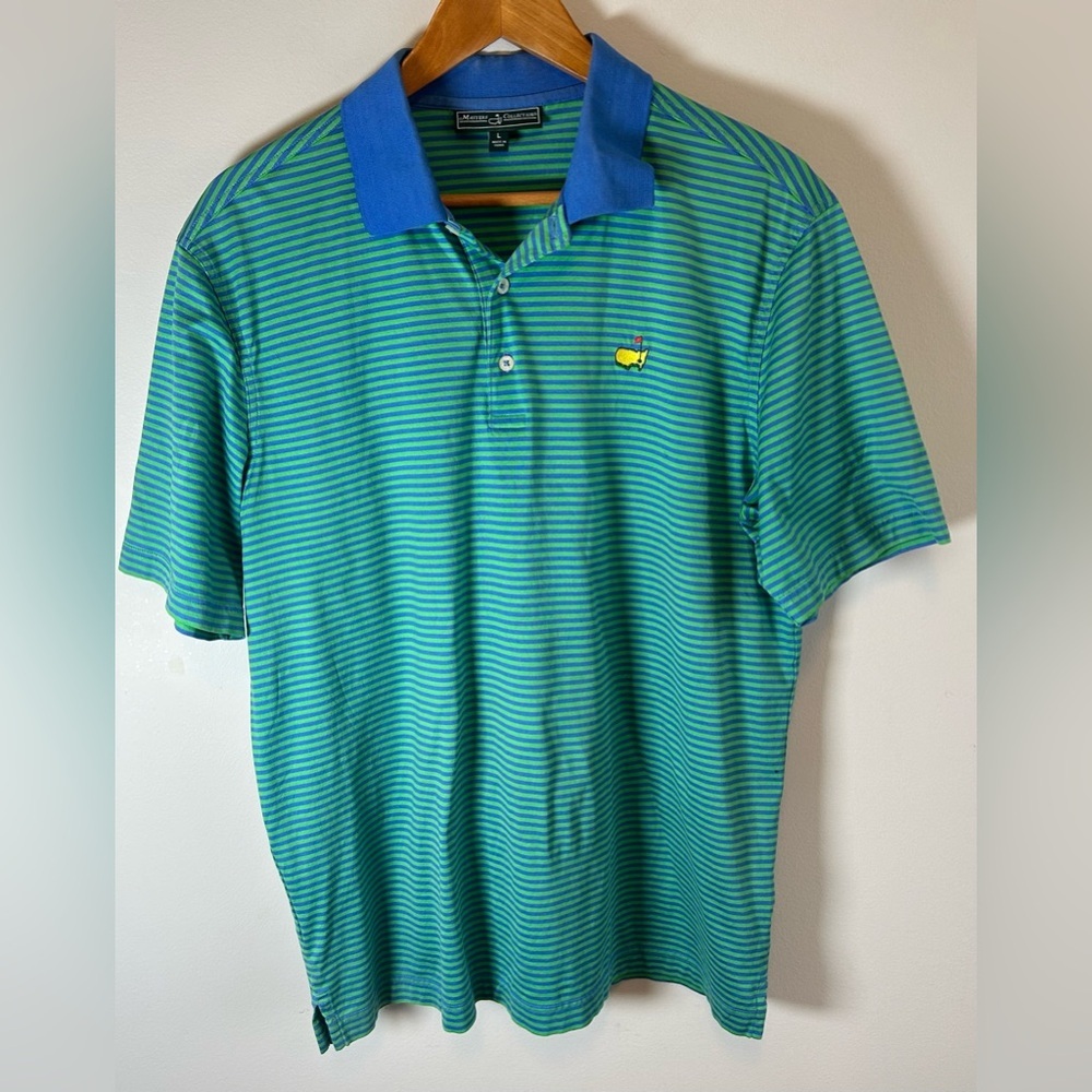 Masters Collection Golf Polo Mens L Green Blue Striped Augusta National Pima